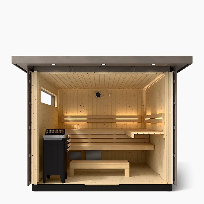 Kohler C2 Outdoor Sauna – Weathered Grey Spruce — Weathered Grey Spruce sauna (view 3)