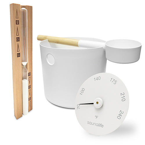saunalife sauna bucket and ladle thermometer sand timer white
