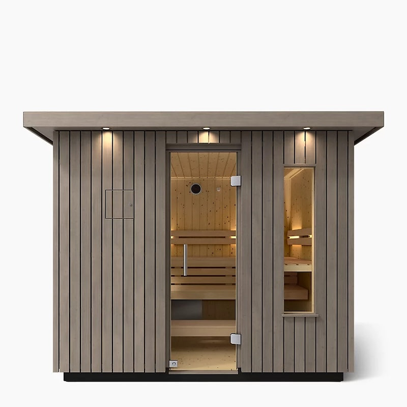 Kohler C2 Outdoor Sauna – Weathered Grey Spruce — Weathered Grey Spruce sauna (view 2)