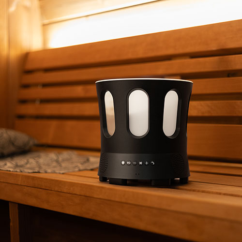 SaunaLife SaunaZone Bluetooth Speaker Bucket with RGB Lights on Bench