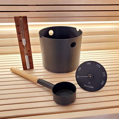 saunalife sauna bucket and ladle thermometer sand timer black