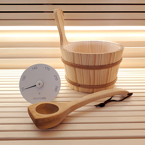 sauna bucket and ladle with thermometer