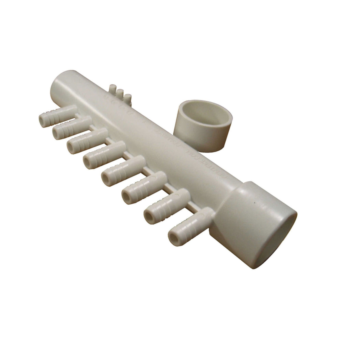 Manifold, PVC, Gentekk, 1"Slip x 1"Spigot x (8) 3/8"Ribbed — Brett Aqualine Part #8PSM1XSP