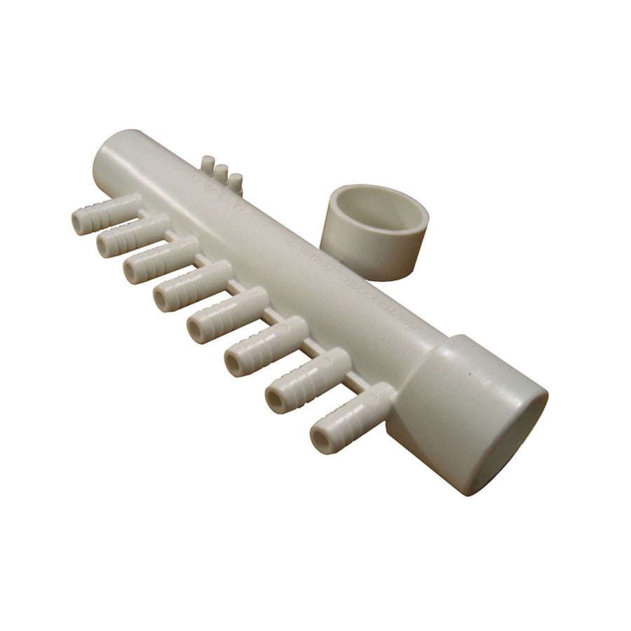 Manifold, PVC, Gentekk, 1"Slip x 1"Spigot x (8) 3/8"Ribbed — Brett Aqualine Part #8PSM1XSP