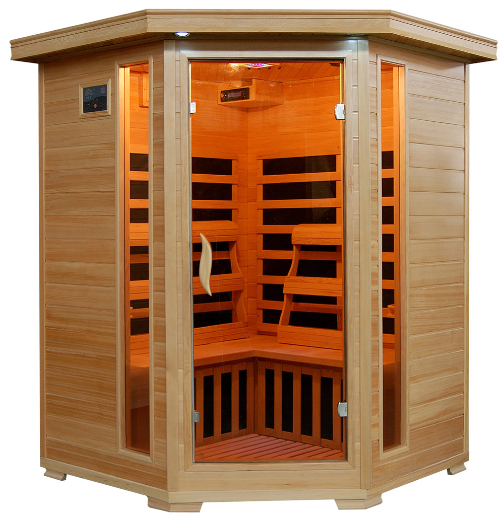 Santa Fe 3-Person Hemlock Corner Infrared Sauna with 7 Carbon Heaters — Hemlock FAR infrared sauna by HeatWave